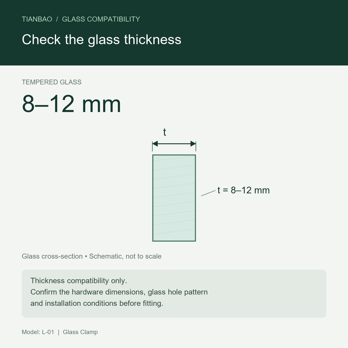Tempered glass thickness compatibility diagram, 8–12 mm; schematic cross-section, not to scale; hardware dimensions and glass hole pattern to be confirmed