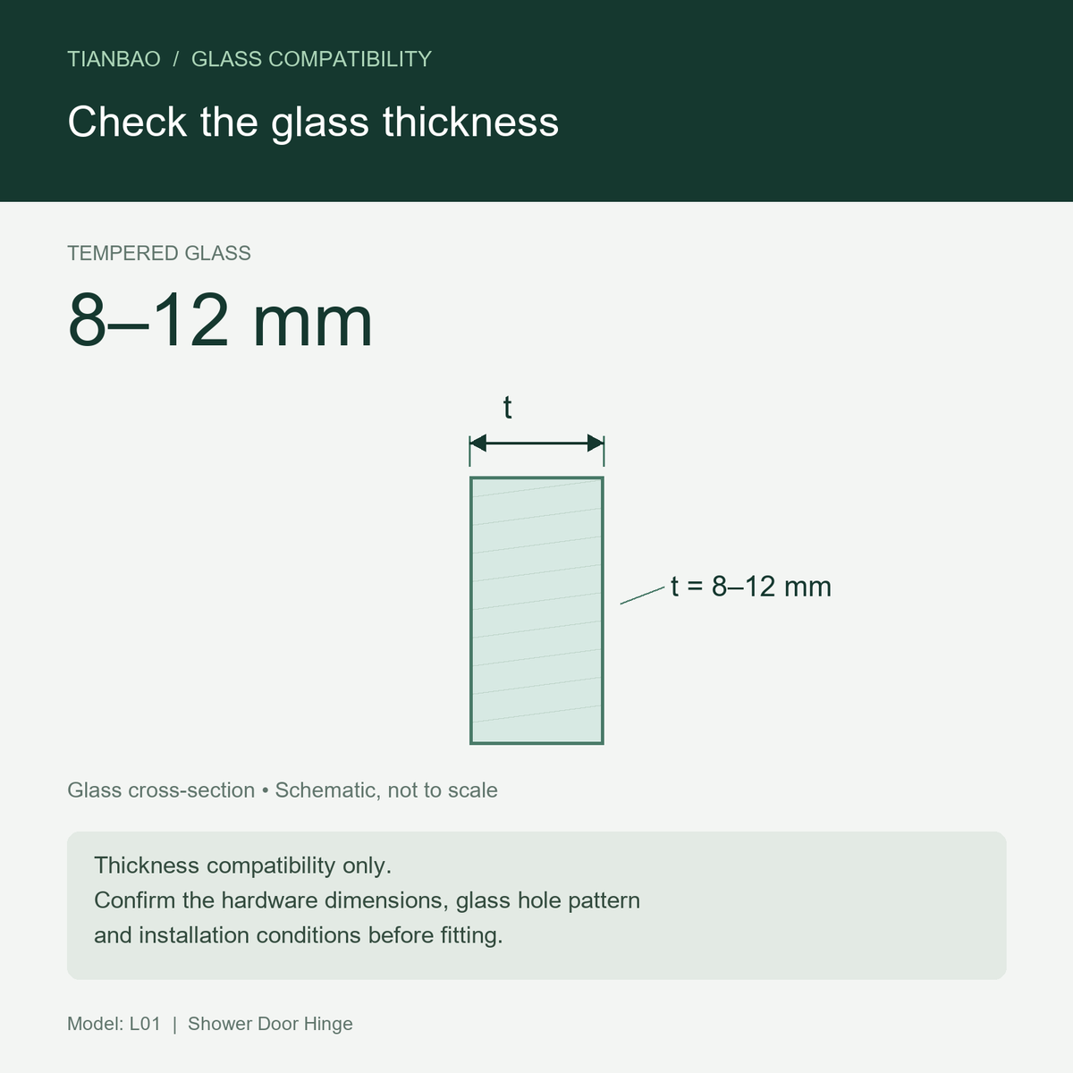 Tempered glass thickness compatibility diagram, 8–12 mm; schematic cross-section, not to scale; hardware dimensions and glass hole pattern to be confirmed